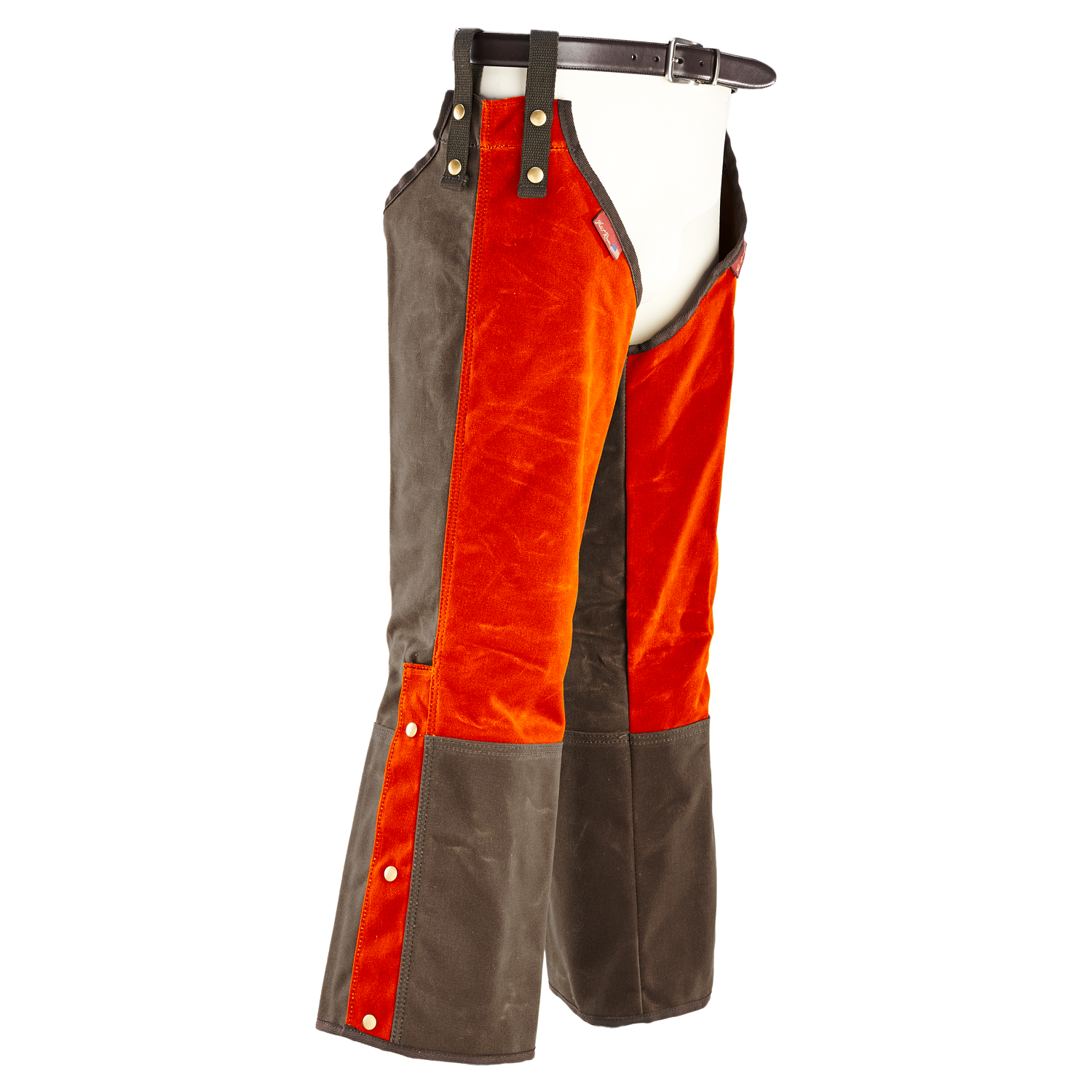 Two tone hunting chaps made from 18 ounce field tan waxed canvas and double layer 10 ounce waxed canvas