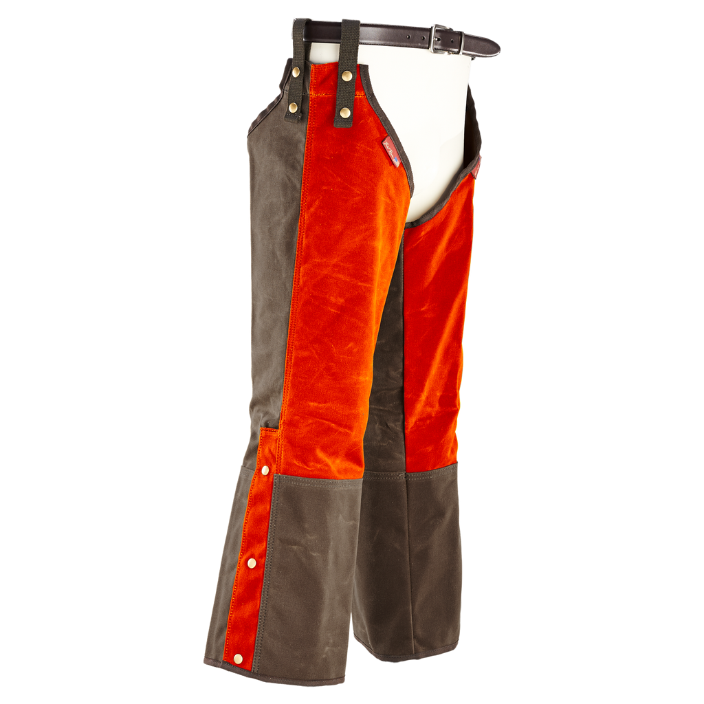 Two tone hunting chaps made from 18 ounce field tan waxed canvas and double layer 10 ounce waxed canvas