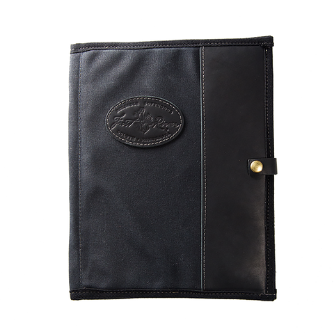 A black leather padfolio cover with a stitched oval logo patch on the front and a snap-button closure on the right side.
