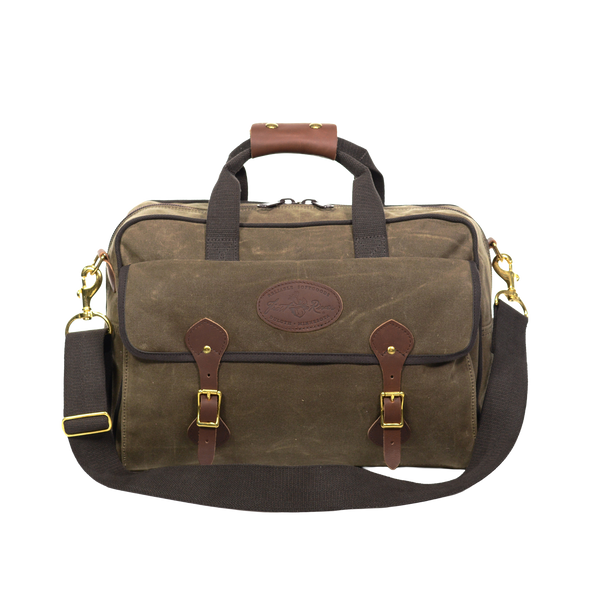 Handcrafted brief bag with heavy duty webbed cotton carrying straps with a leather handle for extra comfort.