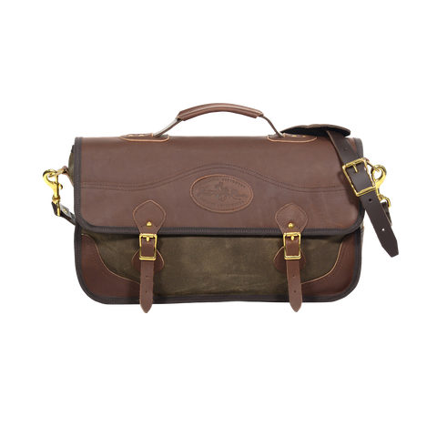 Classic brief bag with a premium leather flap closure with a leather strap and solid brass buckle .