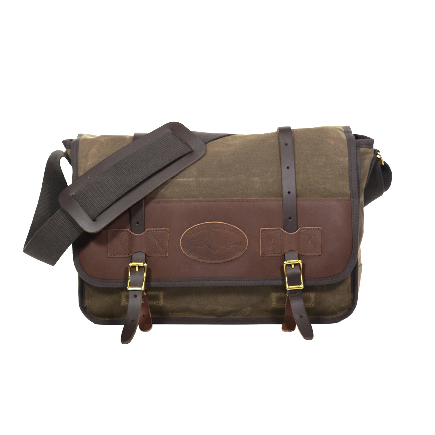 The Vintage Messenger Bag handcrafted out of premium leather, high quality waxed canvas, and sold brass. With two leather straps being secured down by two brass buckles. 