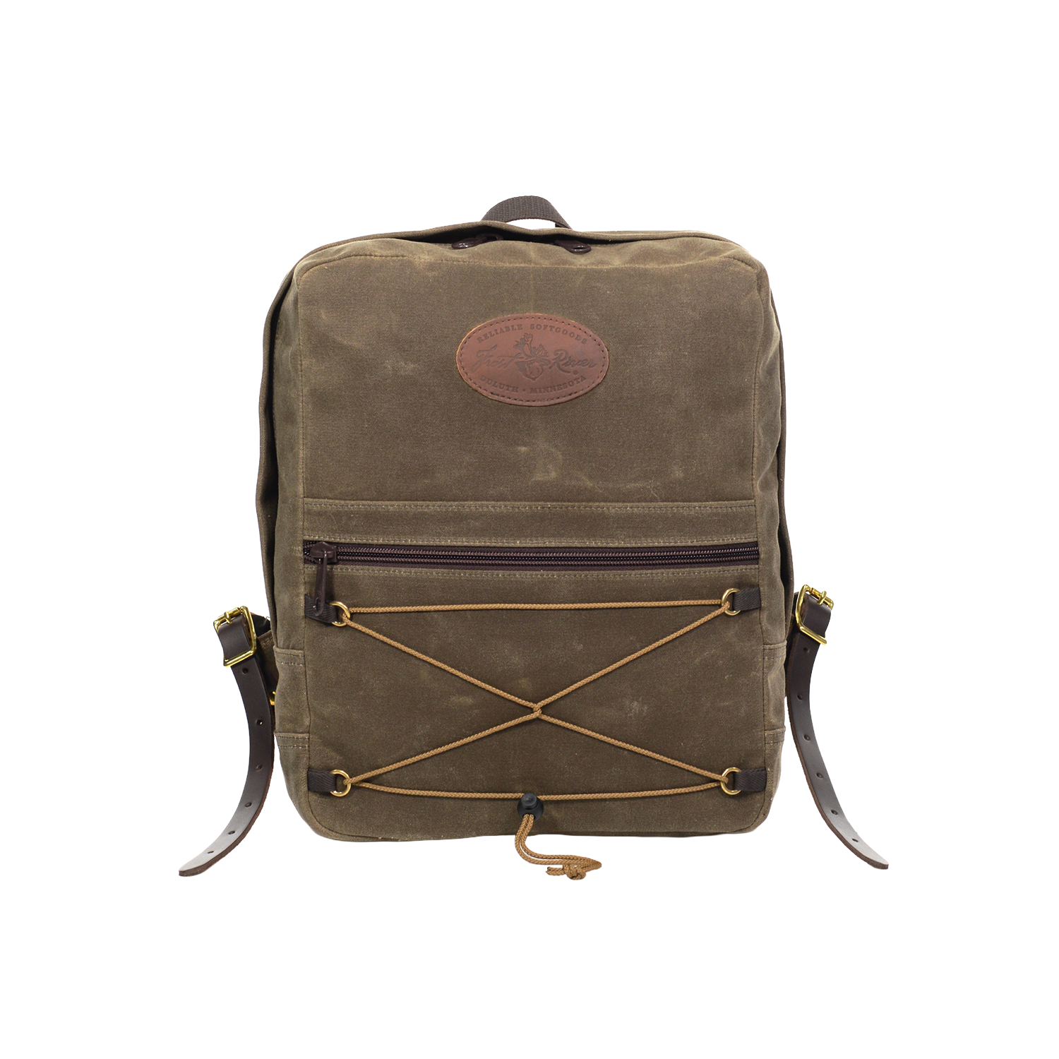 The Itinerant Daypack made out of our forrest green waxed canvas has a small zippered pocket in the front. On front of that pocket is same colored cord  in a hourglass shape for additional storage.