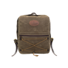 The Itinerant Daypack made out of our forrest green waxed canvas has a small zippered pocket in the front. On front of that pocket is same colored cord  in a hourglass shape for additional storage.