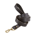 The dog leash comes in two variations.  One is made with premium leather and solid brass, and the other is made from webbed cotton and solid brass.