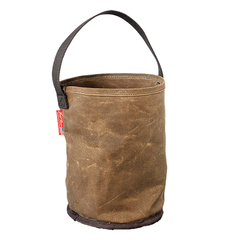 A brown waxed canvas bucket-style bag with a dark gray handle.