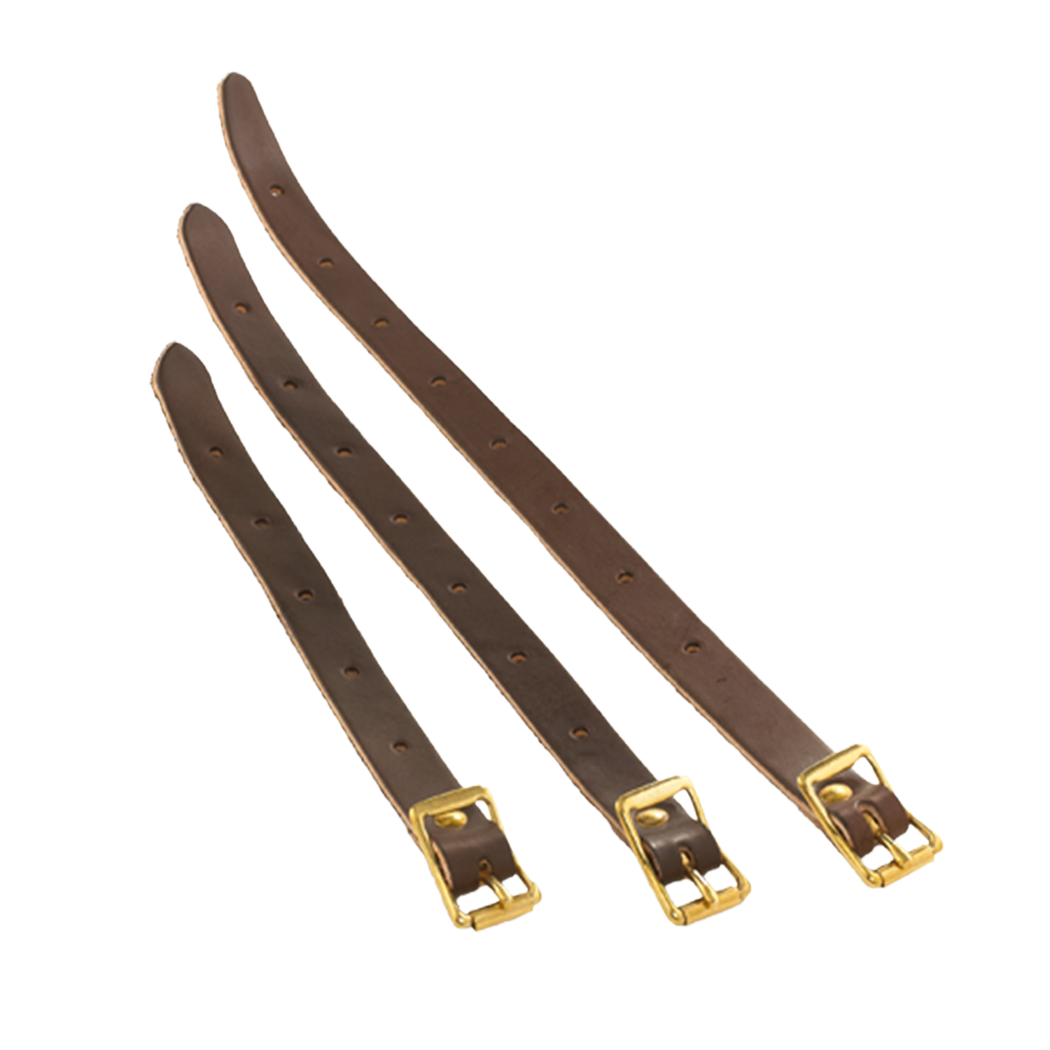 Three brown leather shoulder strap extensions with gold metal buckles.