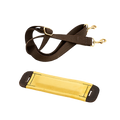 A black leather shoulder strap with brass hardware and a gold-colored buckskin pad.