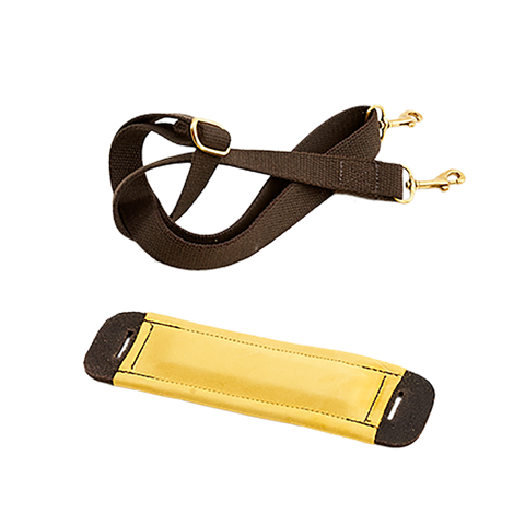 A black leather shoulder strap with brass hardware and a gold-colored buckskin pad.