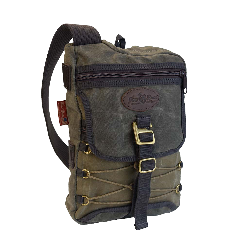 Jay Cooke Sling Pack with a black shoulder strap and brass g-hooks, featuring multiple pockets and a crossbody design.