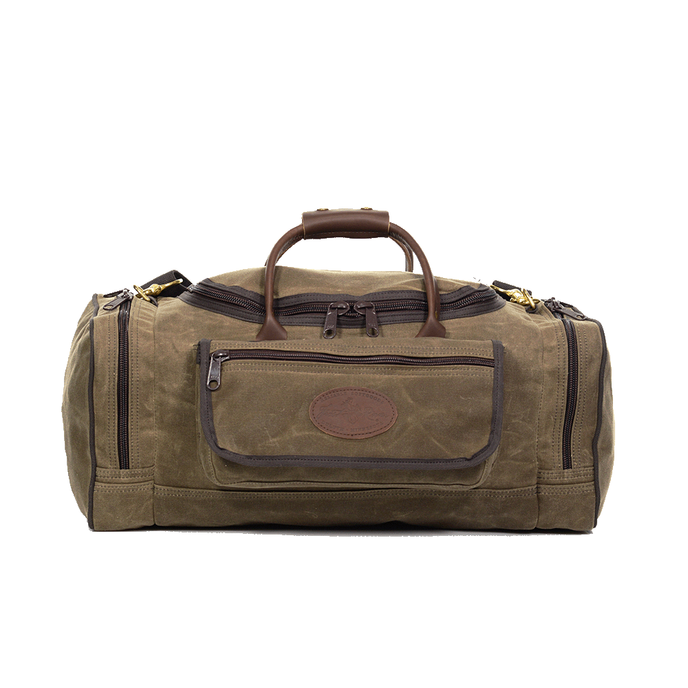Waxed canvas luggage bag with large exterior pockets and leather handles
