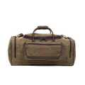 Waxed canvas luggage bag with large exterior pockets and leather handles