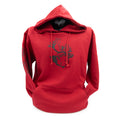 A red Frost River hoodie with a black Henry the caribou graphic on the chest and Frost River script on the right sleeve. 