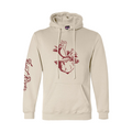 A creme Frost River hoodie with a red Henry the caribou graphic on the chest and Frost River script on the sleeve. 