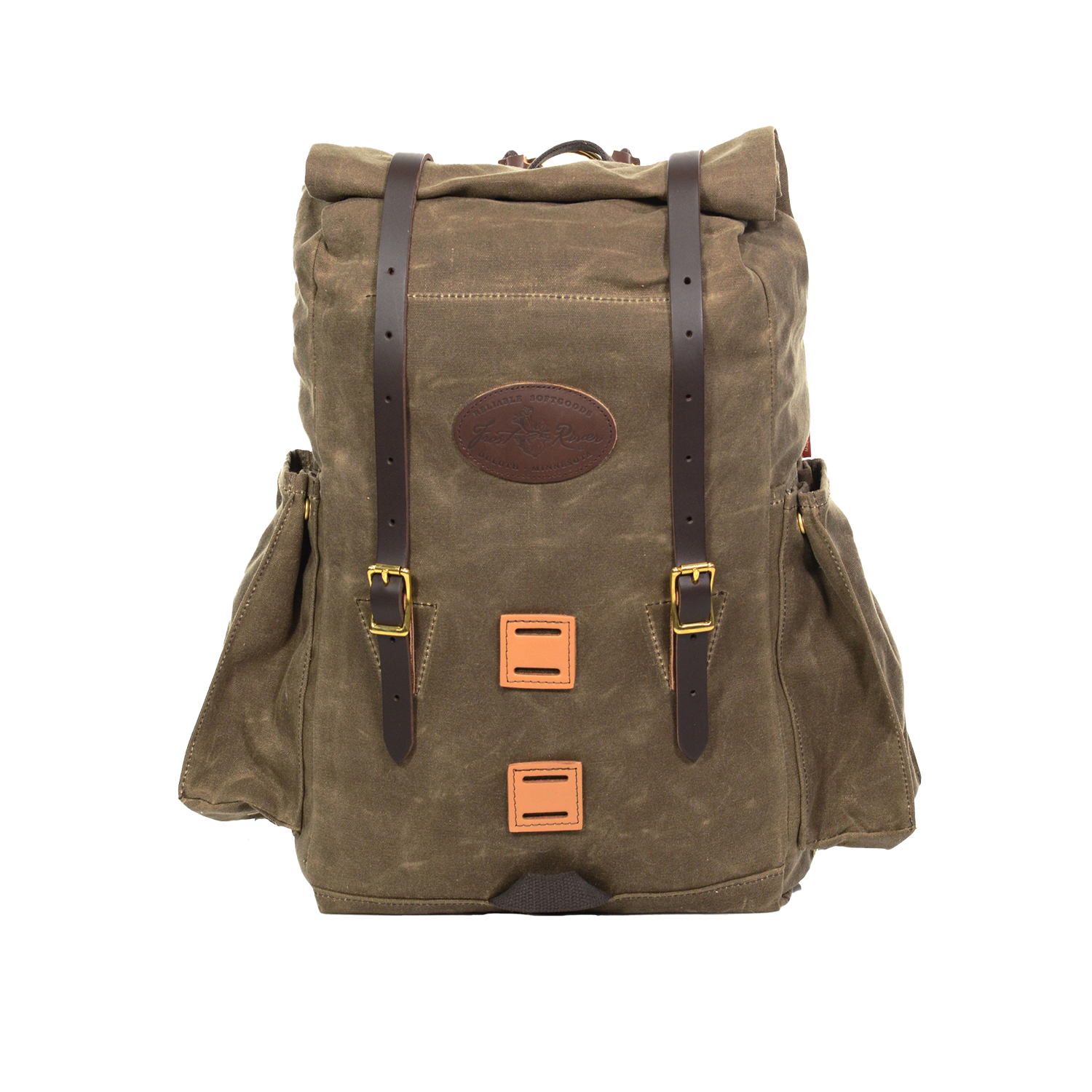 Waxed canvas backpack with leather straps and lash squares