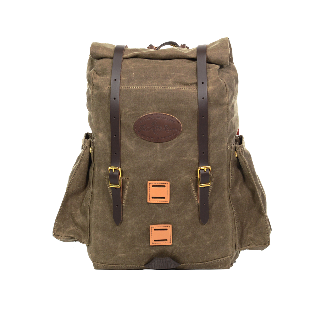 Waxed canvas backpack with leather straps and lash squares