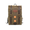A waxed canvas rolltop daypack with brown leather straps and square squares on front.