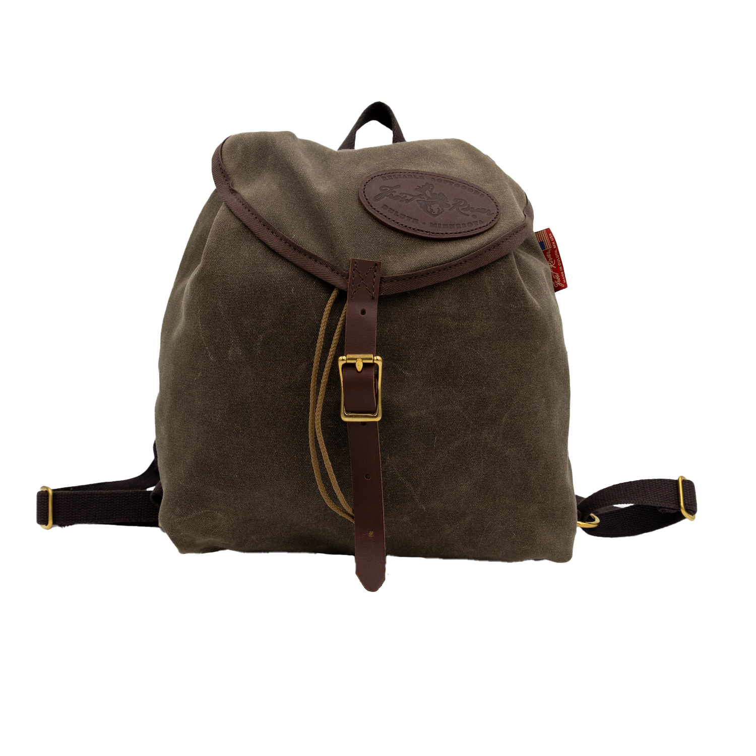waxed canvas knapsack with a leather buckle closure