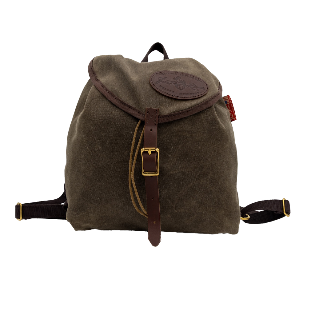 waxed canvas knapsack with a leather buckle closure