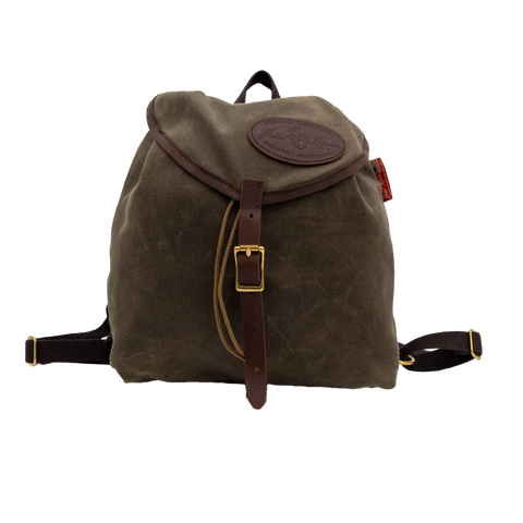 waxed canvas knapsack with a leather buckle closure