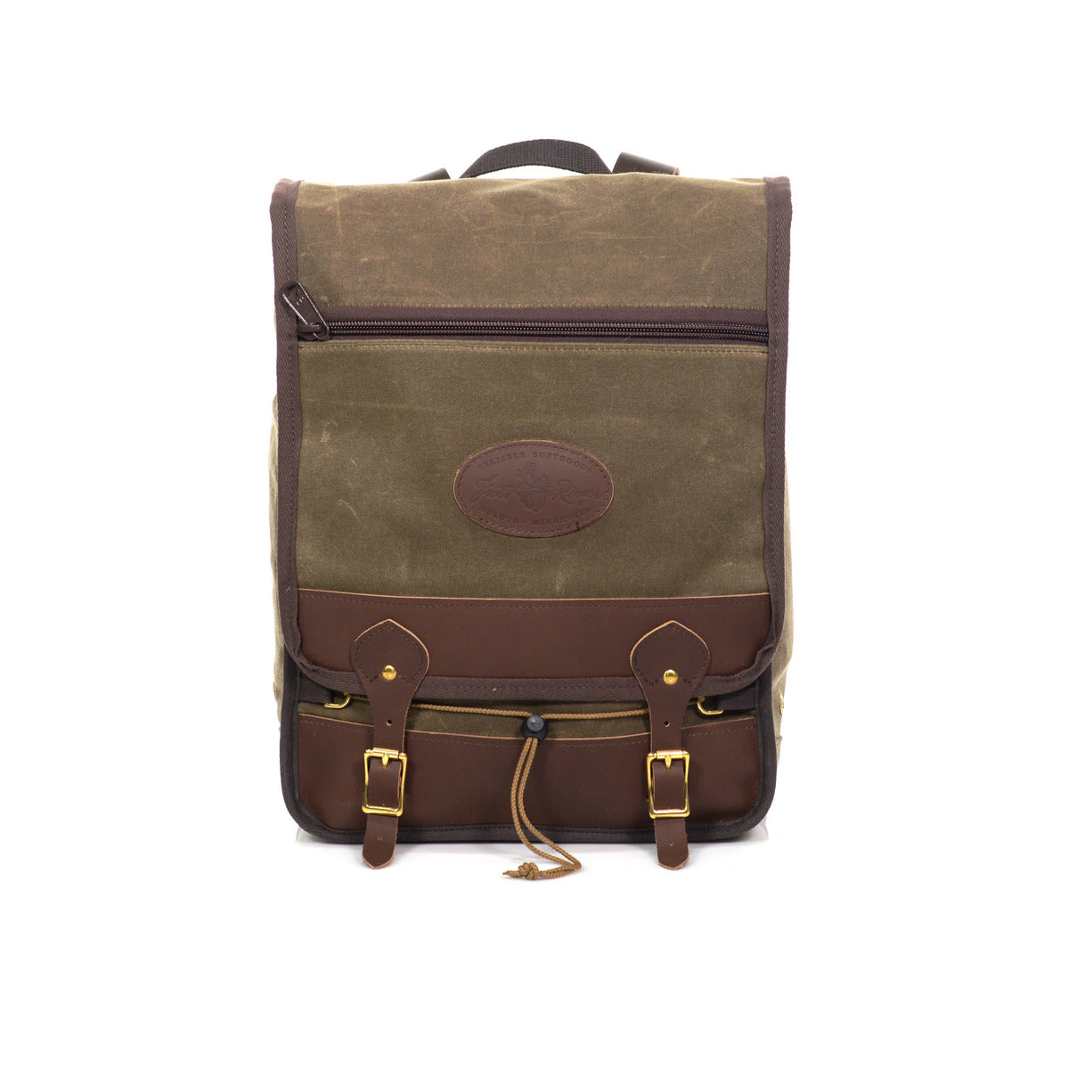 The Premium Mesabi Range Daypack on the front has our durable waxed canvas mixed with our premium leather. With a zipped pocket in the front.