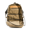 Open view of the large main compartment and the heavy duty chestnut leather backing to secure the shoulder straps securely with brass rivets.