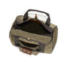 Duffle bag with large zippered opening, and a waxed canvas rain flap.