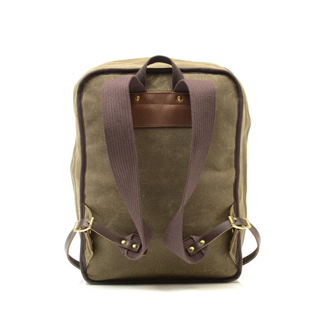 Back view of durable cotton webbed shoulder straps with strong attchement points using hand pounded rivets and premium leather.