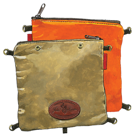 There are brass rings on each corner of this small bag that allows someone to strap it to many of our packs with leather straps.  The bag also has snaps to snap on to some of our packs and luggage items.