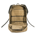 Open view of inside of backpack with several accessory pockets and a large back sleeve pocket for a laptop.