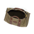 Waxed canvas duffle bag with a straight zippered opening.